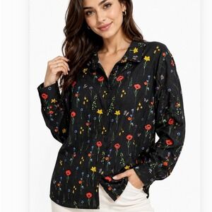 Unbranded Button-Up Blouse Women XL Black Floral Butterfly Pleated Babydoll Back